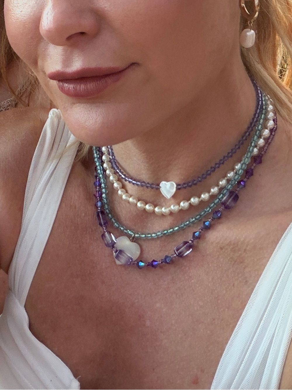 Elegant Purple and Blue Glass Beaded Necklace Set with mother of pearl hearts
